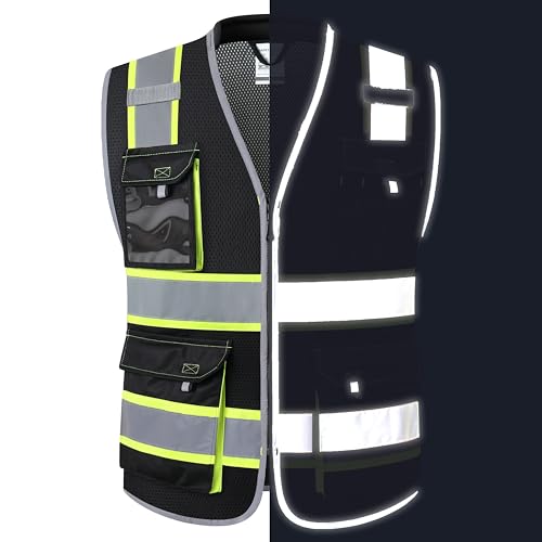JKSafety Safety Vest for Men Women Hi Vis with Pockets and Cushioned Collar Construction Vest Meet ANSI Standard (BX360) - color: Black, size: 5X-Large