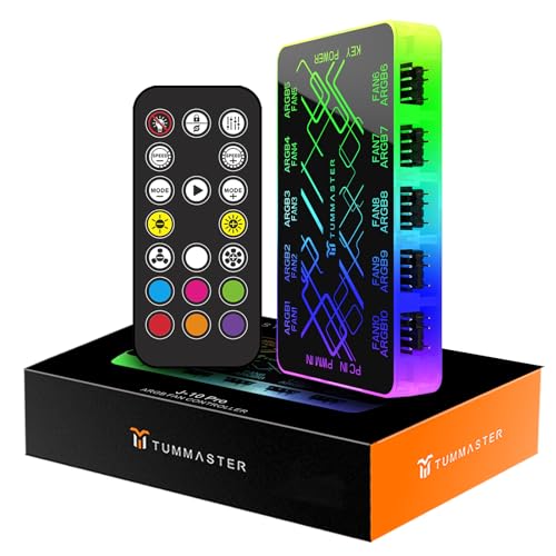 ARGB Fan HUB, 9/10 Port 4 Pin PC Fan Controller, 5V-3Pin LED Hub, Magnetic Suction, SATA Power Input,RF Remote & Chassis Key Control,Controller Support ARGB PWM Fans Splitter (J-10 Pro) - color: J-10 Pro