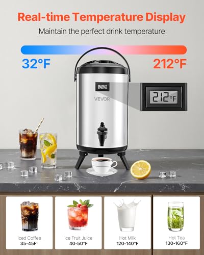 VEVOR Insulated Beverage Dispenser, 2 Gal/7.6L Stainless Steel Thermal Drink Server with Spigot & Temp Display, Suitable for Hot and Cold Drinks, for Tea Coffee Water in Cafes & Restaurants, Silver - size: 2 Gal (1 Pack)