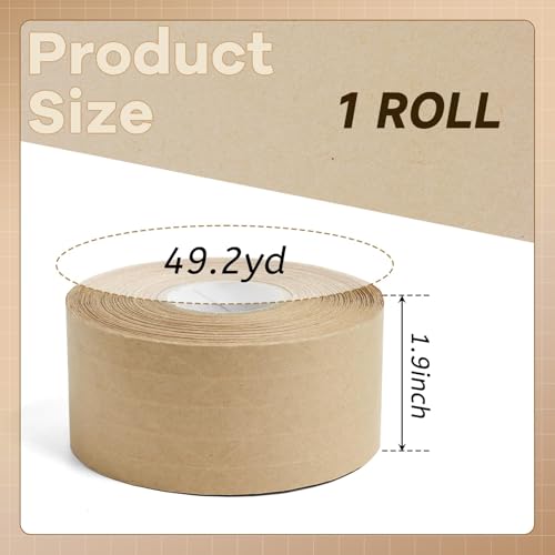 Reinforced Water Activated Gummed Kraft Paper Tape,1.9 inch x 49.2 yd Brown Packing Tape for Heavy Duty Secure Packing and Shipping