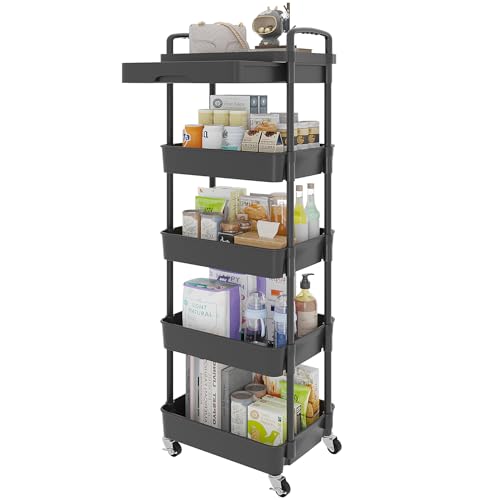 Calmootey 5-Tier Utility Cart with Drawer & Wheels, Storage for Home,Office - color: Black, size: 5-Tier