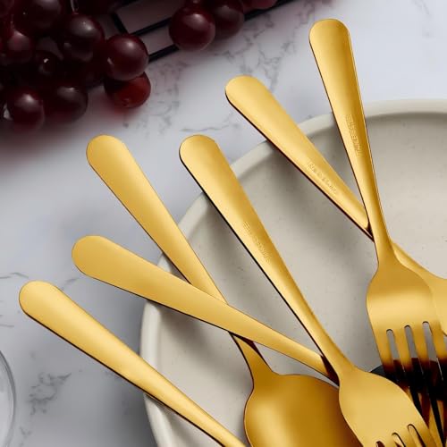 Unokit 24-Piece Spoons and Forks Set Silverware Set - Forks and Spoons Stainless Steel Silverware for Home, Kitchen and Restaurant, 12-Fork and 12-Spoon, Mirror Polished & Dishwasher Safe, Gold - size: gold forks and spoons 24 piece