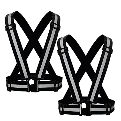 Reflective Strap Safety Vest Gear - 2-10 Pack Adjustable High Visible Reflective Running Gear for Women Men Night - color: Black X2