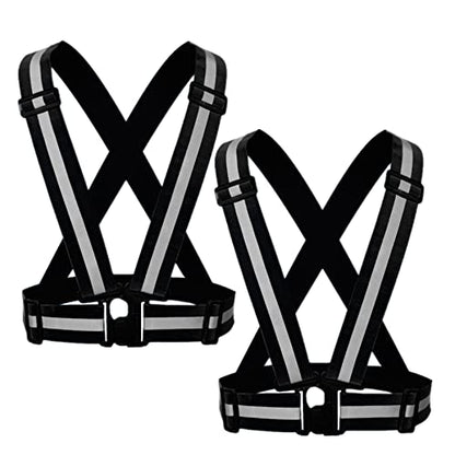 Reflective Strap Safety Vest Gear - 2-10 Pack Adjustable High Visible Reflective Running Gear for Women Men Night - color: Black X2