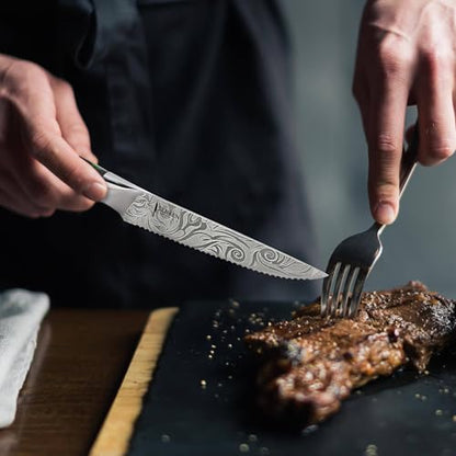 SENKEN Professional 6-Piece Steak Knife Set with Beautiful Engraved Pattern - Wasabi Collection - Razor Sharp Serrated High Carbon Steel & Emerald Green Resin Handle (6 Piece Steak Knife Set) - size: 6-Piece Steak Knife Set