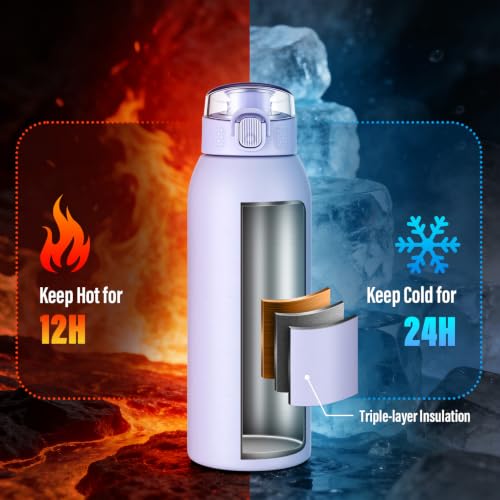 Insulated Water Bottle 24 oz with Dustproof Lid, Carry Handle & Tea Infuser, BPA-Free & Leakproof, Stainless Steel Water Bottles Ideal for Fitness, Hiking, Office & Outdoor Use (Light Purple) - color: Light Purple, size: 24 Ounces