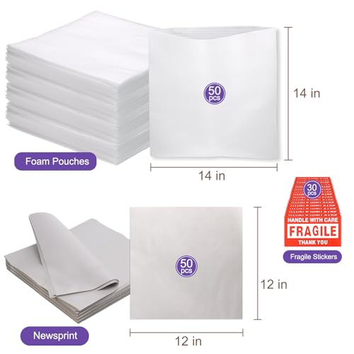 130 Pcs Foam Pouches & Packing Paper for Protecting Dishes with Stickers - size: 130 Pcs-14x14 In