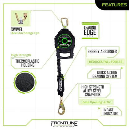 Frontline RPGCLE65' Leading Edge Cable SRL with Carry Handle & Tagline | Durable Thermoplastic Housing | Ergonomic Design | High Strength Components | ANSI & OSHA Compliant - size: 65'