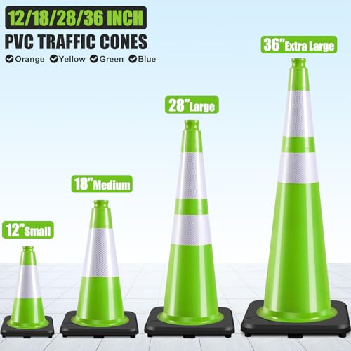 6 Pack 18" Inch Green PVC Traffic Cones with Heavy-Duty Base, High-Visibility All-Weather Safety Cones for Road Construction, Parking Lot, and Garage Use (6, Green, 18" Medium) - color: Green, size: 18" Medium