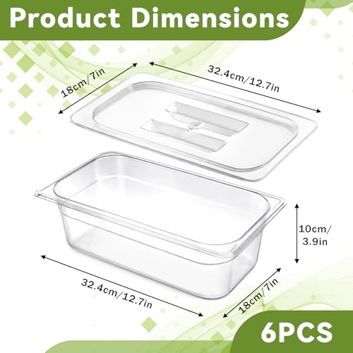 6 Pack 1/3 Size 4" Deep Polycarbonate Food Pans Plastic Clear Food Pans with Lids Stackable Transparent Foo d Storage Containers for Kitchen Restaurant Foo d Prep, Freezer-Safe