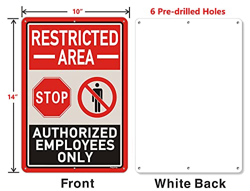 2 Pack Restricted Area Sign Authorized Employees Only 14 x 10 Inches Stop Do Not Enter Metal Reflective Rust Aluminum Weatherproof UV Protected Easy Mounting Indoor Outdoor Use