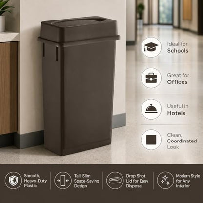 23 Gallon Slim Rectangular Commercial Trash Can, Heavy Duty Plastic Indoor Waste Bin for Kitchen, Office, Restaurant, School, Restroom & Janitorial Use (Brown, with Lid) - color: Brown