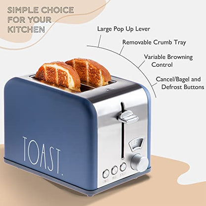 Rae Dunn Toaster, Stainless Steel 2 Slice Square Toaster, Wide Slot with 5 Browning Levels, with Bagel, Defrost and Cancel Options (Navy) - color: Navy