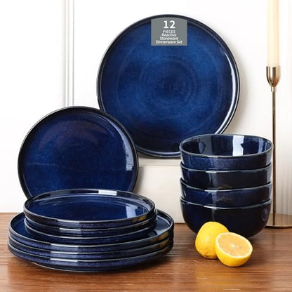 Vicrays Ceramic 12 Pieces Dinnerware Set - Dinner Plates Salad Plates Cereal Bowls Set Service for 4 - Scratch Resistant Microwave Oven Dishwasher Safe - Blue - color: Blue