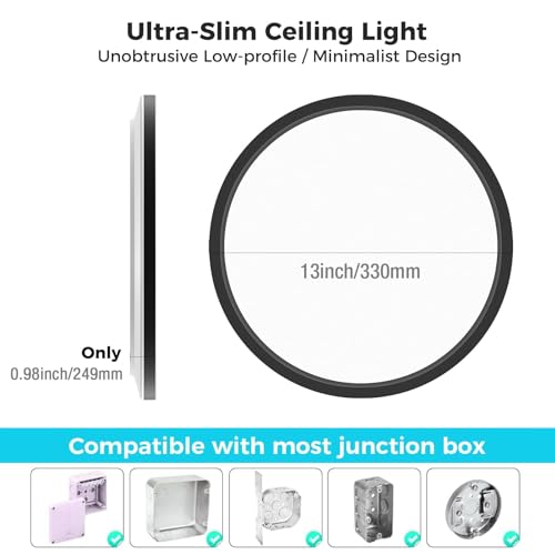 libtit 13 Inch LED Round Flat Light, 28W 3200lm 3000K/4500K/6000K CCT Selectable, Black Ceiling Light Surface Mount, Slim Ceiling Lamp Flush Mount for Bedroom, Kitchen, Office,Closet,Laundry Room - color: Black, size: 13In-1Pack