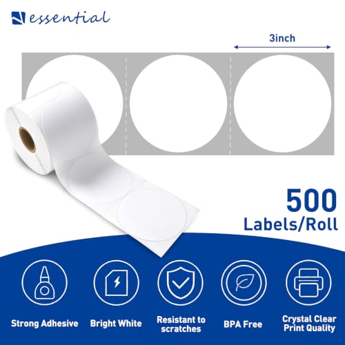 ESSENTIAL 3" Circle Direct Thermal Sticker Labels, 1 Roll-500 Labels - size: 3" round label