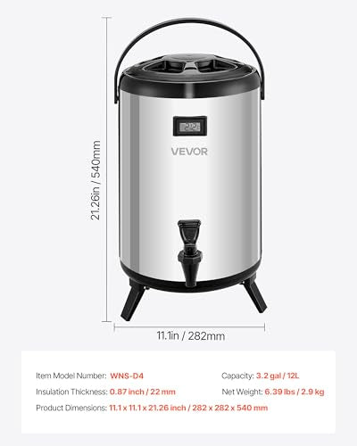 VEVOR Insulated Beverage Dispenser, 3.2 Gal/12L Stainless Steel Thermal Drink Server with Spigot & Temp Display, Suitable for Hot and Cold Drinks, for Tea Coffee Water in Cafes & Restaurants, Silver - size: 3.2 Gal (1 Pack)