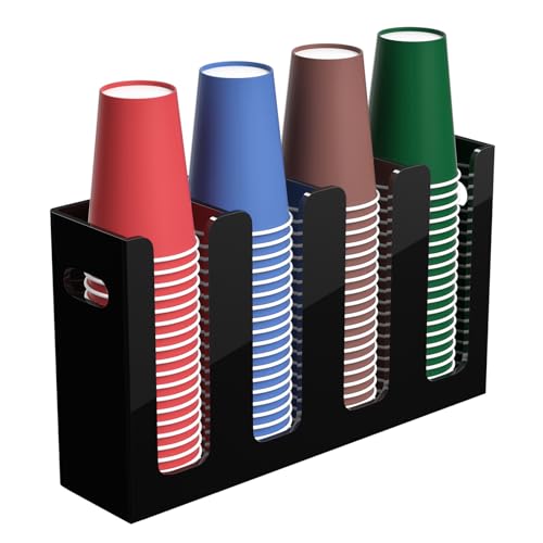 Disposable Coffee Cup Dispenser with Handles, Countertop or Wall Mount Hot/Cold Drink Cup and Lid Holder - Bathroom/Kitchen/Office Acrylic Cup Lid Storage Organizer (4 Compartments, Black) - color: Black, size: 4 Compartments