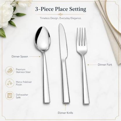 24-Piece Stainless Steel Silverware Set for 8, Mirror Polished Flatware Set Includes 8 Dinner Knives, 8 Dinner Forks & 8 Dinner Spoons, Dishwasher Safe Cutlery Set for Home Kitchen Restaurant - size: 7.9-9.1inches silverware set 24P