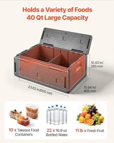 VEVOR Collapsible Insulated Food Warmer, 40 Qt Non-Electrical Thermal Carrier, Lightweight and High-Rigidity EPP Hot Box, for Delivery, Transport, Catering BBQ Event, Keeps Warm/Cold 4 Hours (Gray) - size: 40QT