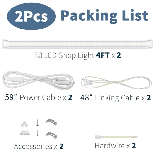2-Pack 4FT T8 LED Shop Light, 42W 6300LM 5000K Daylight, Linkable with Plug Shop Lights for Garage Ceiling Workshop Commercial Lighting