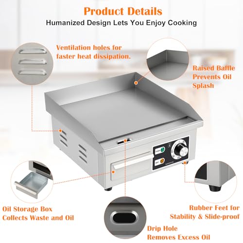 Stainless Steel Electric Griddle, Flat Top Grill Nonstick, Indoor Grill