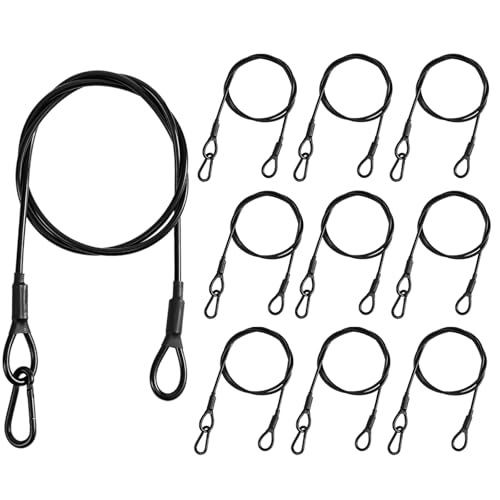 10-Pack Safety Security Cables for DJ Stage Lighting, 2ft Stainless Steel Cable with 1/8" Diameter, Black Ropes with Loops and Carabiner for Safe Attachment - size: 1/8"+2ft+10pcs