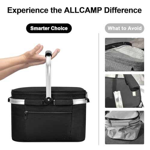 ALLCAMP Picnic Basket, 22L Insulated Cooler Foldable, Thick, Black - color: Jet Black, size: Medium
