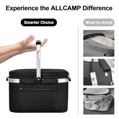 ALLCAMP Picnic Basket, 22L Insulated Cooler Foldable, Thick, Black - color: Jet Black, size: Medium