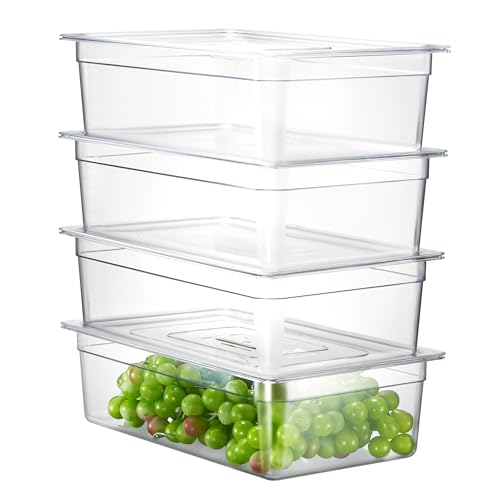 CURTA 4-Pack Full Size 6" Deep NSF Polycarbonate Food Pans with Handled Lids & Drain Trays | Dishwasher & Freezer Safe Clear Container for Prep Tables, Buffet, Salad Bar, Commercial & Home Kitchen - color: Full Size, size: 6" Deep Pan with Lid