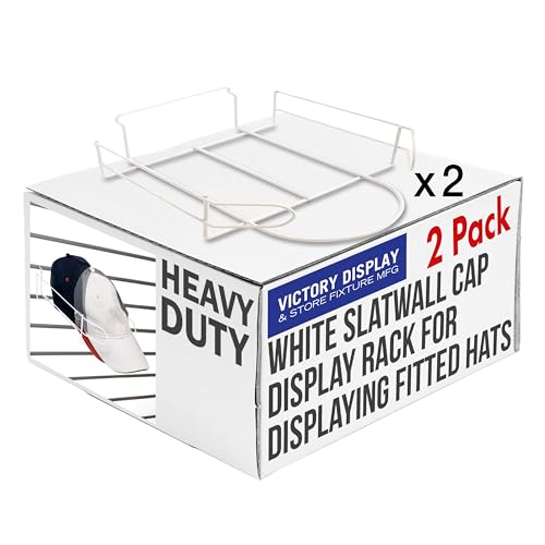 Slatwall Hat Display Rack for Fitted, Snapback, Unstructured & Ball Caps – Black, Chrome or White (Quantity 2) (2, White)
