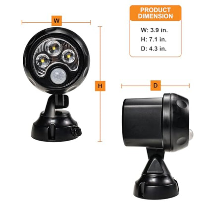 YCB2050 Battery Operated Motion Lights Outdoor, LED Motion Spotlight 5000K Daylight White, IP65 Waterproof, Wireless Security Light Uses 4 D-Cell Batteries (Not Included), Black