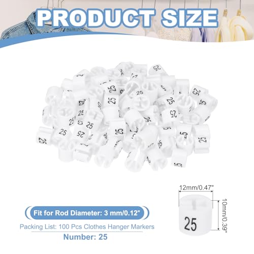 PATIKIL 100 Pcs Clothes Hanger Markers, Number 25 Tag Fit 3mm Rod Garment Size Hanger Clips Color Coding Label for Clothing Hangers, White - size: Number 25