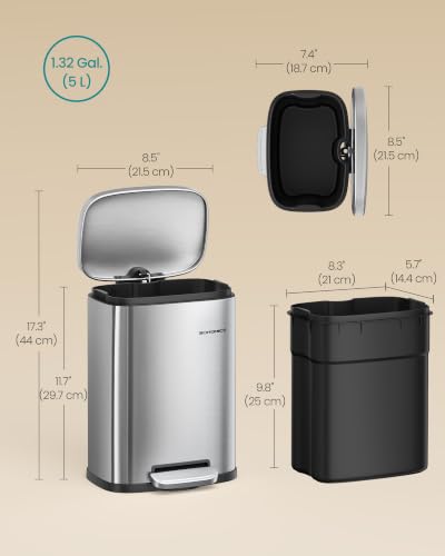 SONGMICS 1.3 Gallon (5 L) Trash Can, Stainless Steel, Step-On Pedal - color: Silver, size: 1.3 Gal.