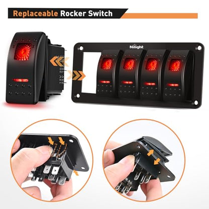 Nilight 5 Gang Rocker Switch Panel SPST On Off 5PIN Electrical Toggle Red - color: Red, size: 5 Gang