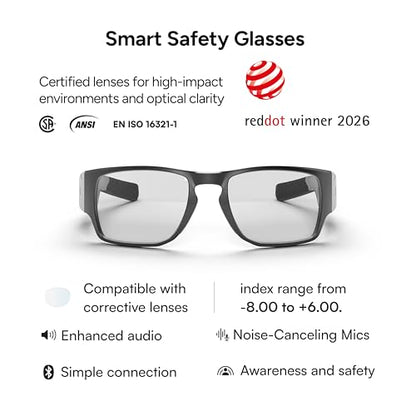 Lucyd Armor Smart Safety Glasses, TR90 Frame, Light Adaptive Lenses, Open Ear Speakers & Microphone - ANSI Z87.1 - style: Vantage Photochromic
