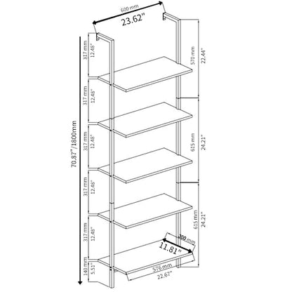 Karl home Rustic Brown 5 Tier Wall Mount Ladder Shelf, Metal Frame Bookcase - color: Rustic Brown