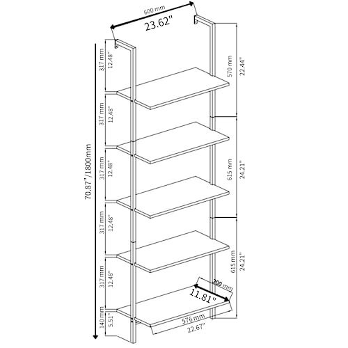 Karl home White 5 Tier Wall Mount Ladder Shelf, Metal Frame Bookcase - color: White