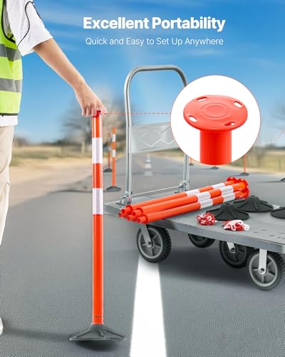 VEVOR 4 Pack Traffic Delineator Posts, 34 in Traffic Safety Cones with Weighted Base, Reflective Strips and Chain, Heavy Duty Delineator Posts for Construction Site, Parking Lot, Crowd Control, Red - size: 4 Pack