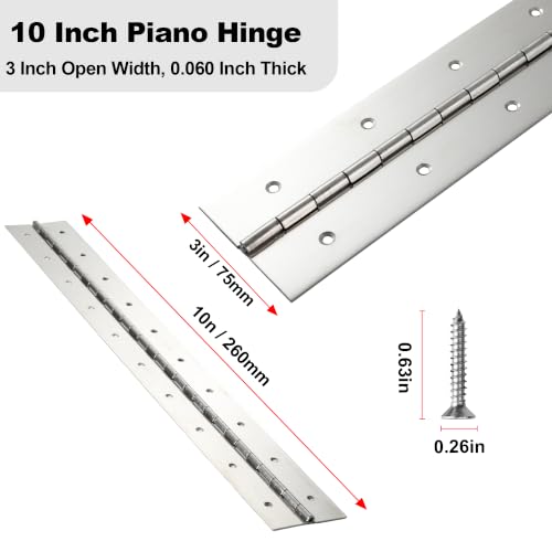 2 Pcs Heavy Duty Piano Hinge 10 Inch x 3 Inch Width, True 0.060'' Thick Stainless Steel Piano Hinge for Heavy Duty Cabinet, Door, Toolbox, Wooden Box, Metal Plate, Furniture, Industrial Project - size: 10 Inch(2 pcs)