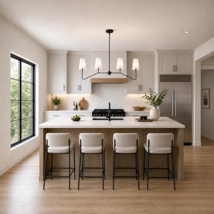 43" W 4-Light Linear Chandelier,Black Kitchen Island Pendant Lighting with White Fabric Shades,Adjustable Height Modern Dining Room Light Fixture,E12 for Kitchen Dining Room Foyer - color: 4 Light-Black