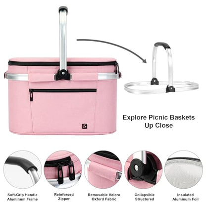 ALLCAMP Picnic Basket, 22L Insulated Cooler Foldable, Thick, Pink - color: Pink, size: Medium
