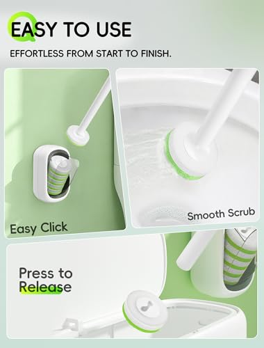 Wall Mounted Disposable Toilet Brush System with Holder, Toilet Bowl Cleaning Wand with Green Refills and One-Button Release, 1 Wand and Holder with 24 Green Refills