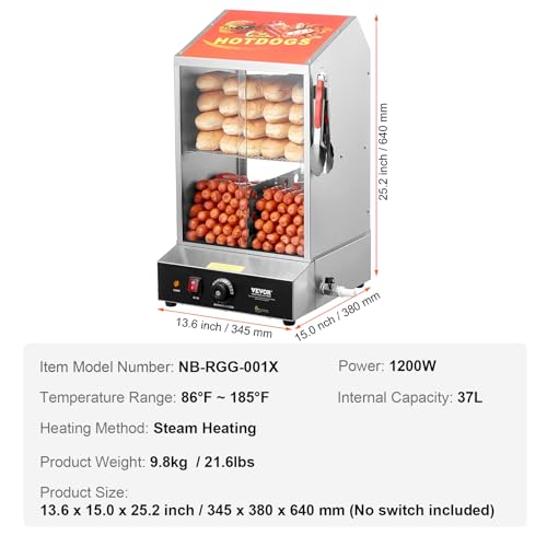 VEVOR Hot Dog Machine, 36 L, 2-Tier Hot Dog Steamer for 200 Hotdogs & 42 Buns, 1200W Electric Bun Warmer Cooker with Rotary Knob Temp Display - size: 2-Tier-38Qt