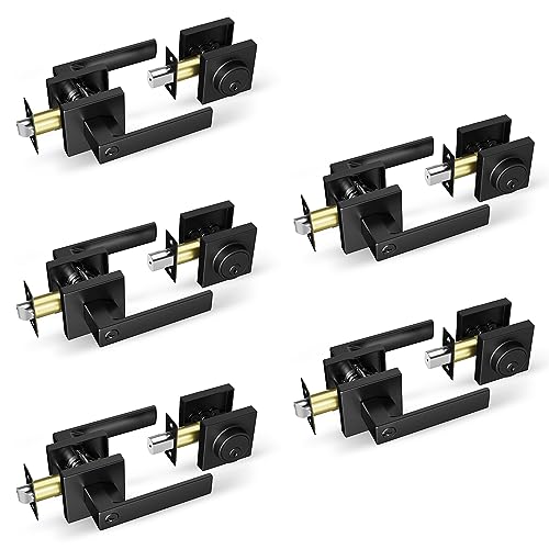 BAOLONG Modern Square Entry Lever Door Handle and Single Cylinder Deadbolts, Combo Pack Locking Lever Handle Set Matte Black Keyed Alike 5 Pack - size: 5 Pack