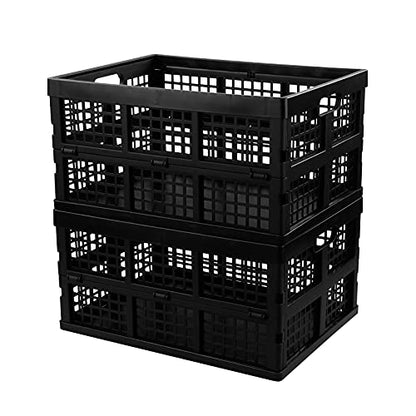 34 L Black Plastic Folding Storage Crates, Collapsible Crates, 2 Packs