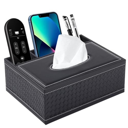 PU Leather Rectangular Tissue Box Cover - Multifunctional Tissue Box Holder with Stationery Remote Control Box, Decorative Tissue Pen Remote Organizer for Home/Office/Restaurant - color: Black Weave