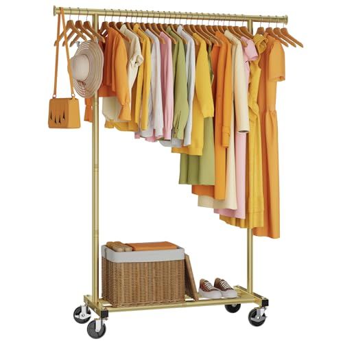 HYSEYY Clothes Rack, Clothing Rack for Hanging Clothes, Rolling Garment Rack Sturdy Coat Rack Portable Wardrobe Rack Metal Closet Rack for Bedroom Laundry Living Room, Warm Gold - color: Warm Gold