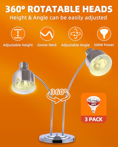 Food Heat Lamp: [Rapid-Heating Bulbs Included] [Steady Heating] Commercial Food Warmer Lamp, Electric Heat Lamp for Food Catering Food Warming Lamp for Buffet Parties (Polished Silver, 32" (2-Head, N6 - color: Polished Silver