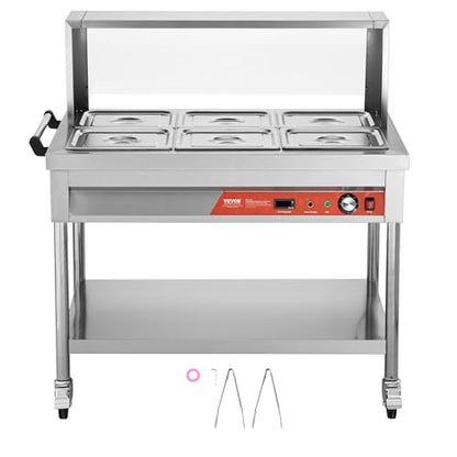 VEVOR 6-Pan Commercial Food Warmer, 6 x 1/2 Pans Electric Steam Table, 1500W Professional Buffet Catering Food Warmer with Shield Undershelf Wheels, Stainless Steel Server for Party Restaurant - size: 6*1/2 Pans